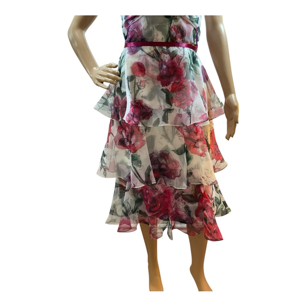 Marchesa Notte WomenFloral Tiered WhitePink Ruffle Fit & Flare Midi Dress Size 6 - Picture 3 of 16